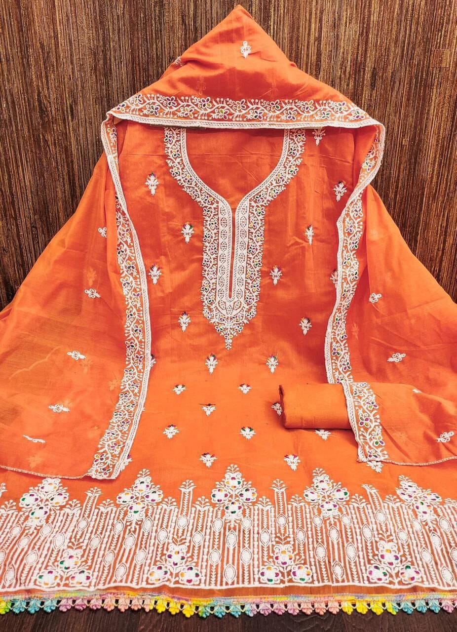 Orange Heavy Chanderi Neck Embroidery Dress Material Dress Material Shopin Di Apparels 