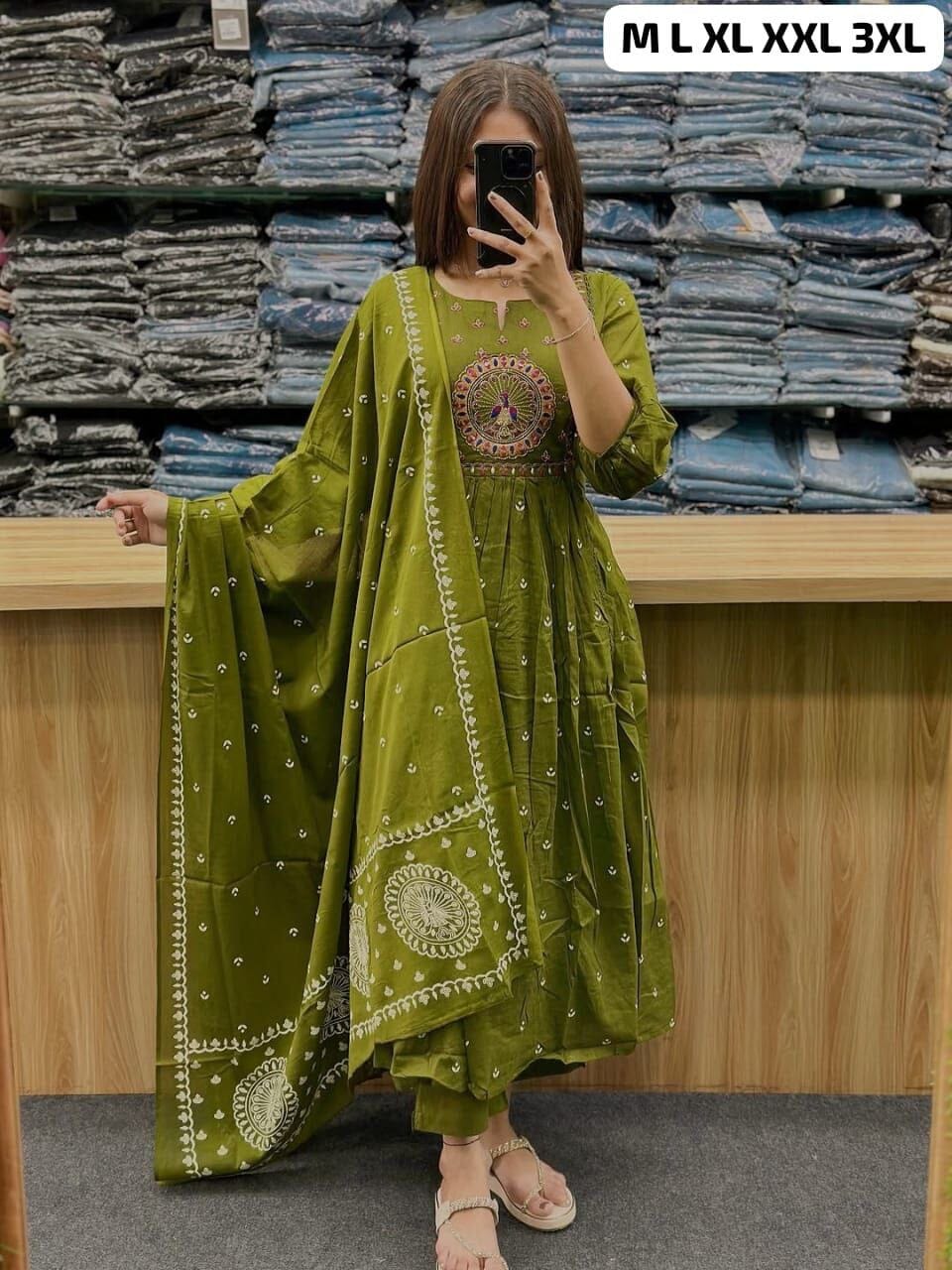 Parrot Green Anarkali Cotton Kurti with Dupatta and Pant Kurti with Dupatta and Bottom Shopin Di Apparels 