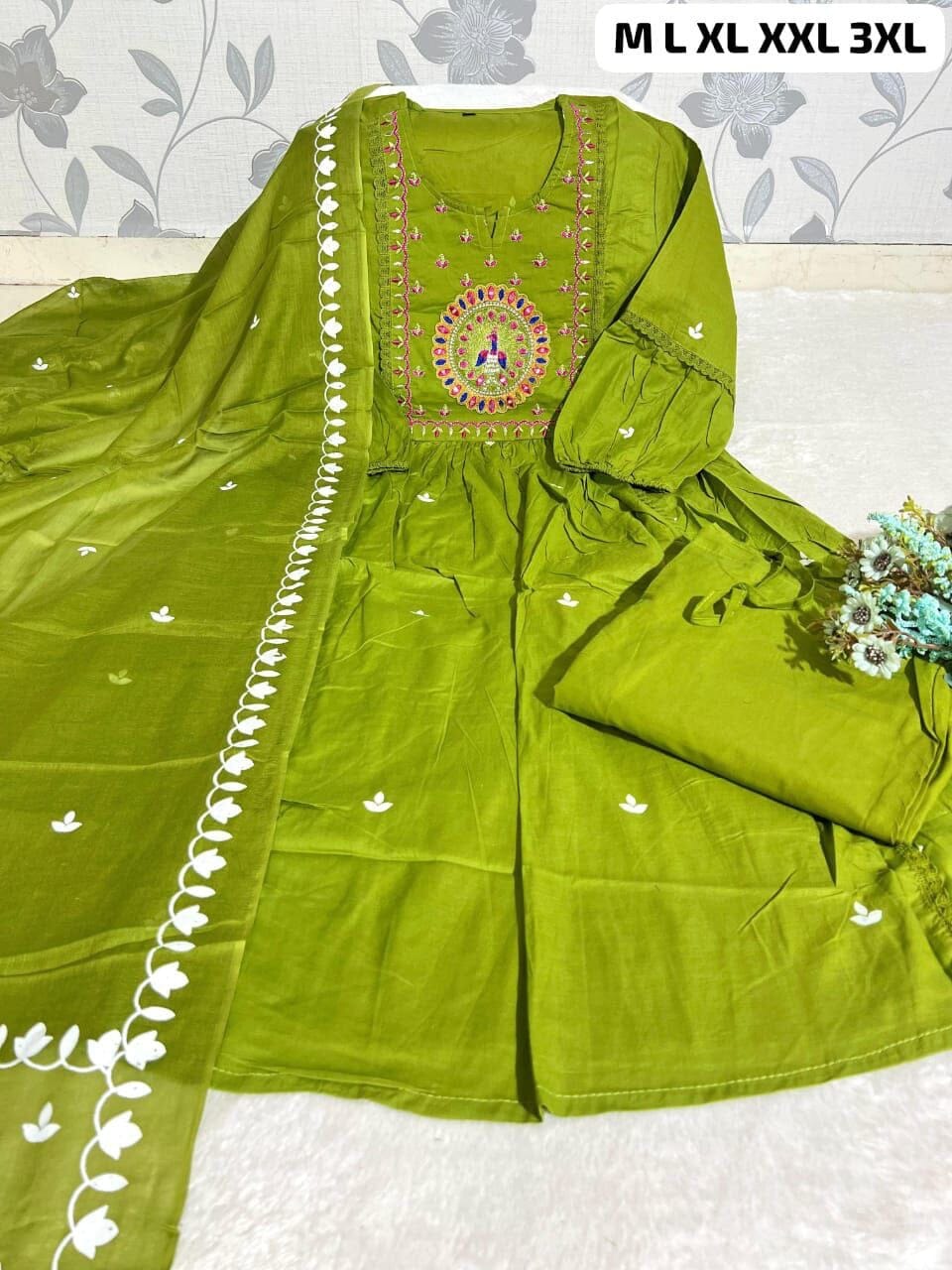 Parrot Green Anarkali Cotton Kurti with Dupatta and Pant Kurti with Dupatta and Bottom Shopin Di Apparels 