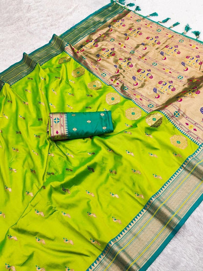 Parrot Green Peacock Paithani Silk Saree with Zari Meenakari Weaving & Tassels Silk Saree Shopin Di Apparels 