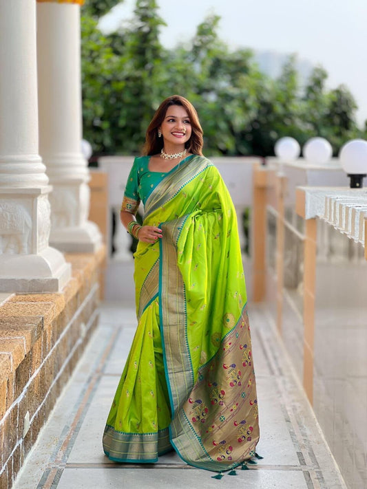 Parrot Green Peacock Paithani Silk Saree with Zari Meenakari Weaving & Tassels Silk Saree Shopin Di Apparels 