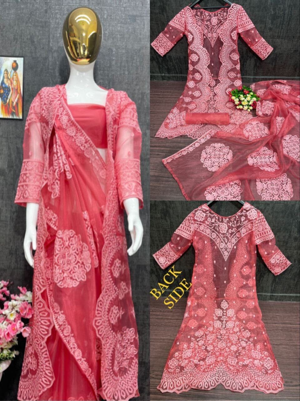 Party Wear Hina Khan Organza Saree with Koti Designer Saree Shopin Di Apparels 