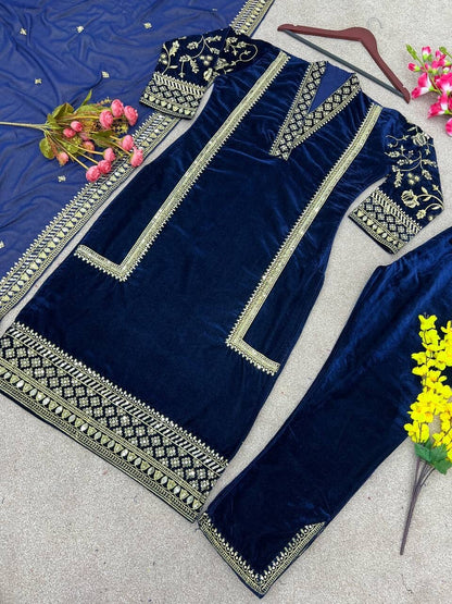 Party wear Velvet Top with Dupatta and Bottom Readymade Suit Ready Made Designer Suits Shopin Di Apparels 