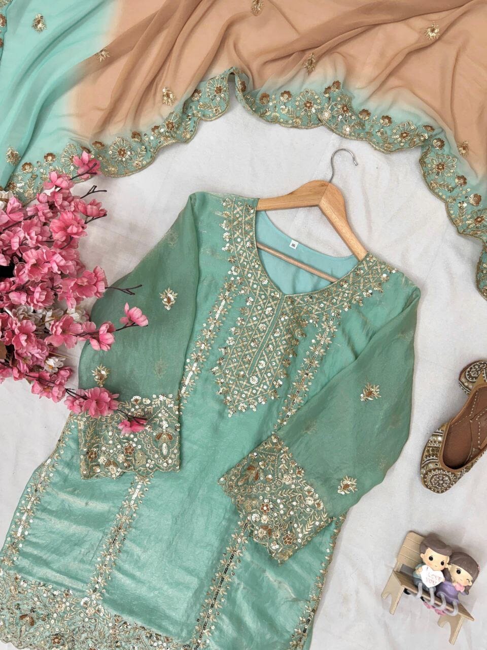 Pastel Green Designer Sequence Work Sharara Suit Ready to Wear Designer Suits Shopin Di Apparels 