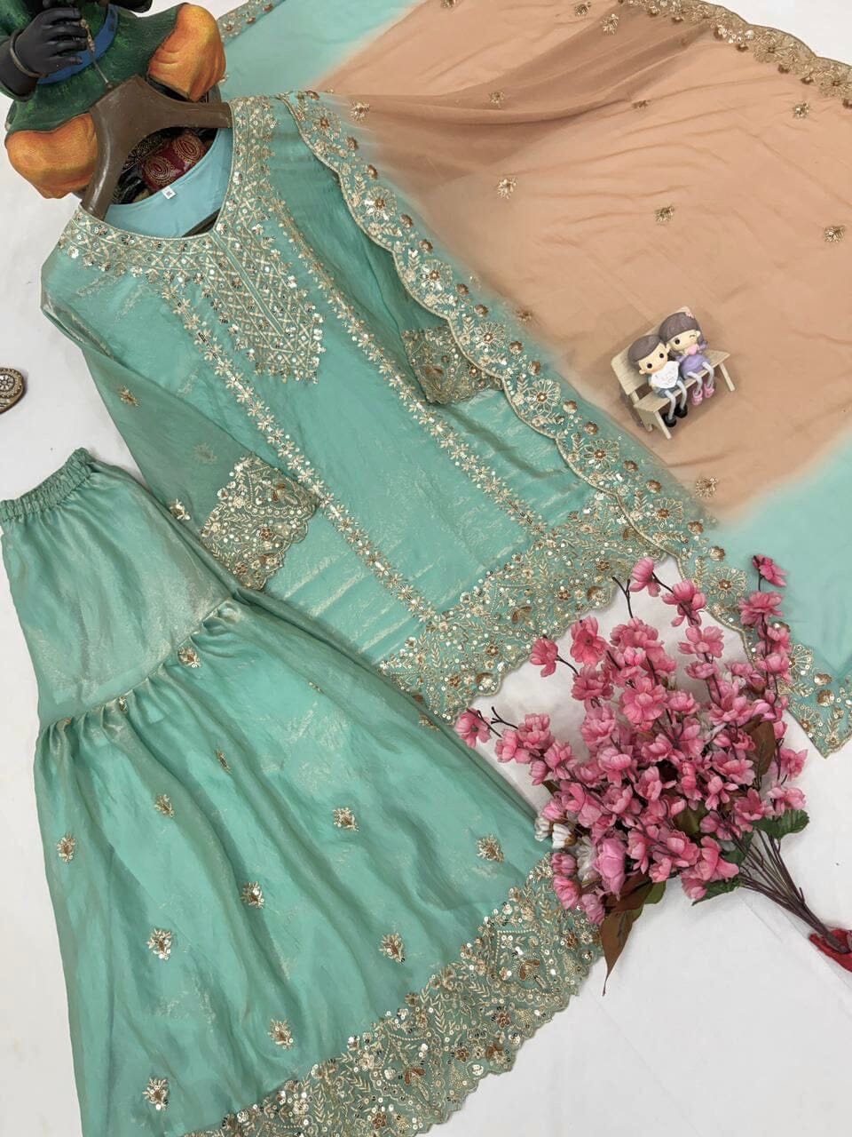 Pastel Green Designer Sequence Work Sharara Suit Ready to Wear Designer Suits Shopin Di Apparels 