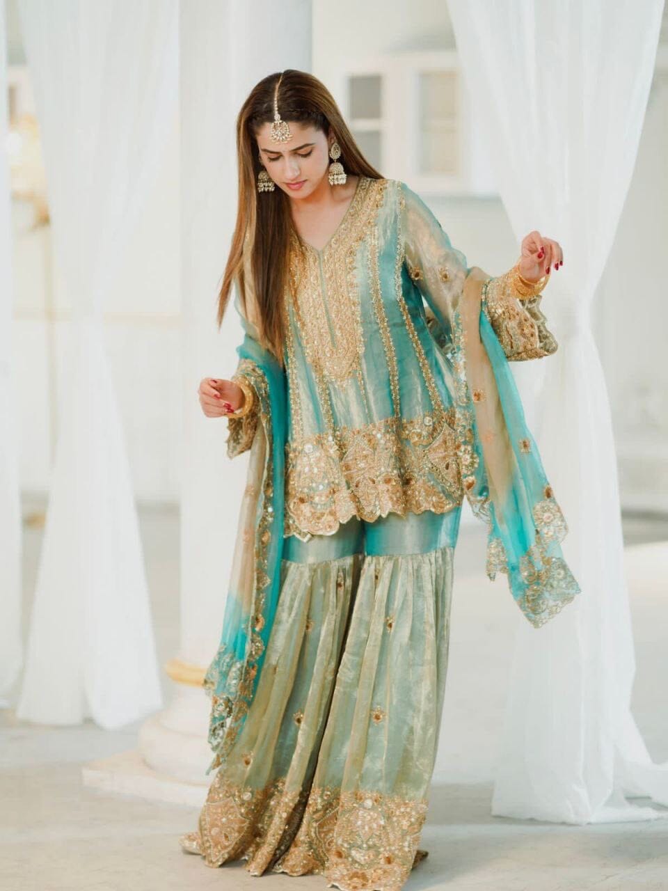 Pastel Green Designer Sequence Work Sharara Suit Ready to Wear Designer Suits Shopin Di Apparels 