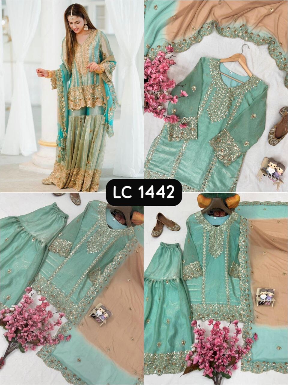Pastel Green Designer Sequence Work Sharara Suit Ready to Wear Designer Suits Shopin Di Apparels 