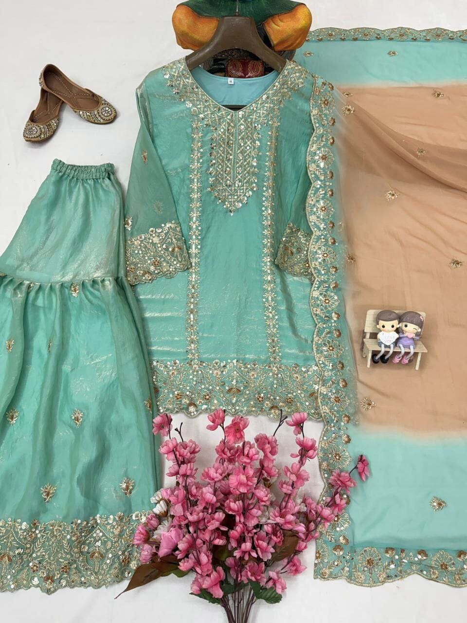 Pastel Green Designer Sequence Work Sharara Suit Ready to Wear Designer Suits Shopin Di Apparels 