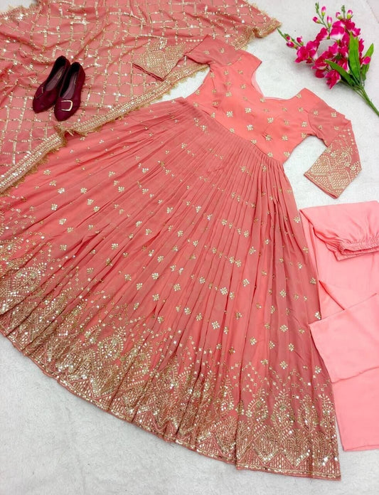 Peach Heavy Fox Georgette Sequence Work Designer Gown with Dupatta and Pant Designer Suits Shopin Di Apparels