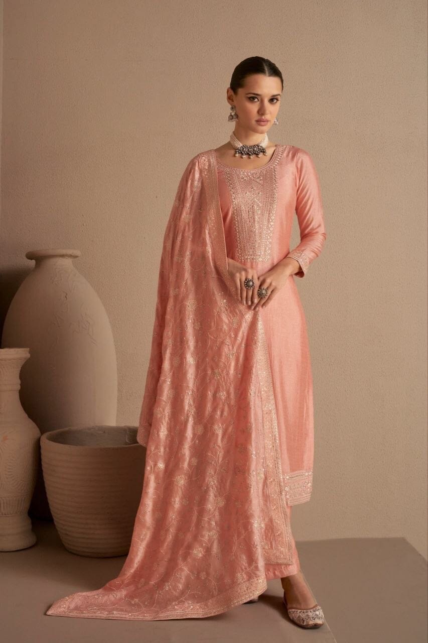 Peach Heavy Vichitra Silk Sequence Straight Cut Designer Suit Designer Suit Shopin Di Apparels 
