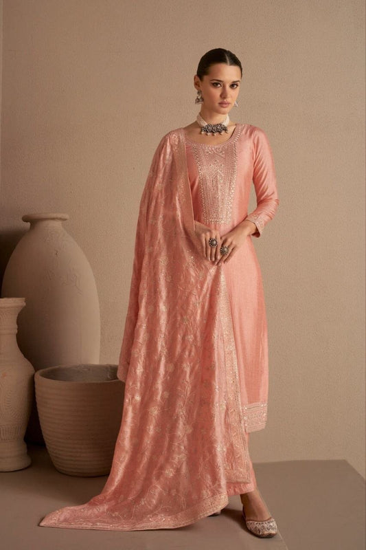 Peach Heavy Vichitra Silk Sequence Straight Cut Designer Suit Designer Suit Shopin Di Apparels 