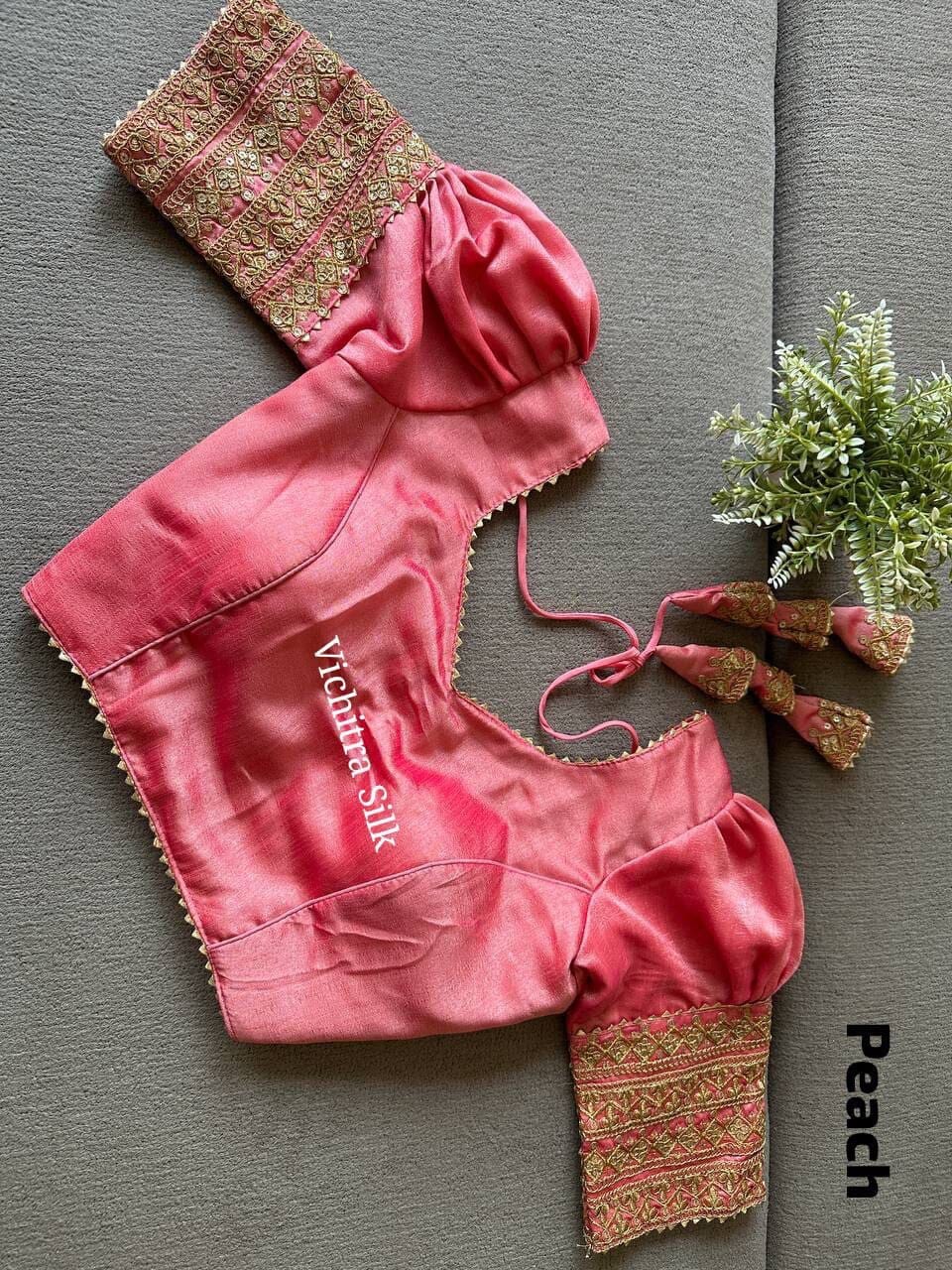 Peach Pink Vichitra Silk Readymade Blouse with Puff Sleeves and Embroidery Readymade Blouse Shopin Di Apparels 