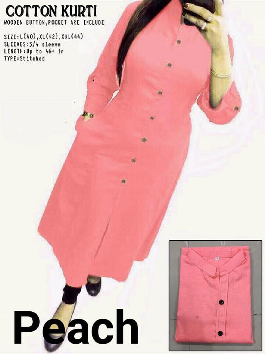 Peach Plain Collar Cotton Kurti with Button and Pockets Kurti Shopin Di Apparels