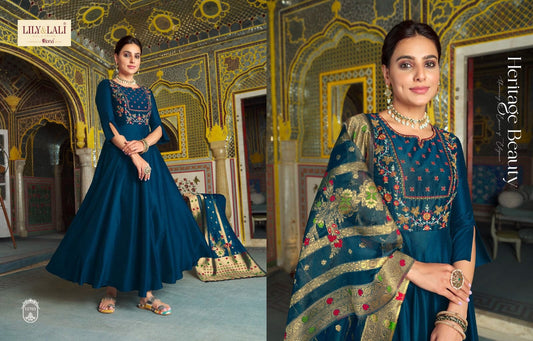 Peacock Blue Designer Bemberg Silk Gown With Jacquard Dupatta Gown with Dupatta Lily and Lali 