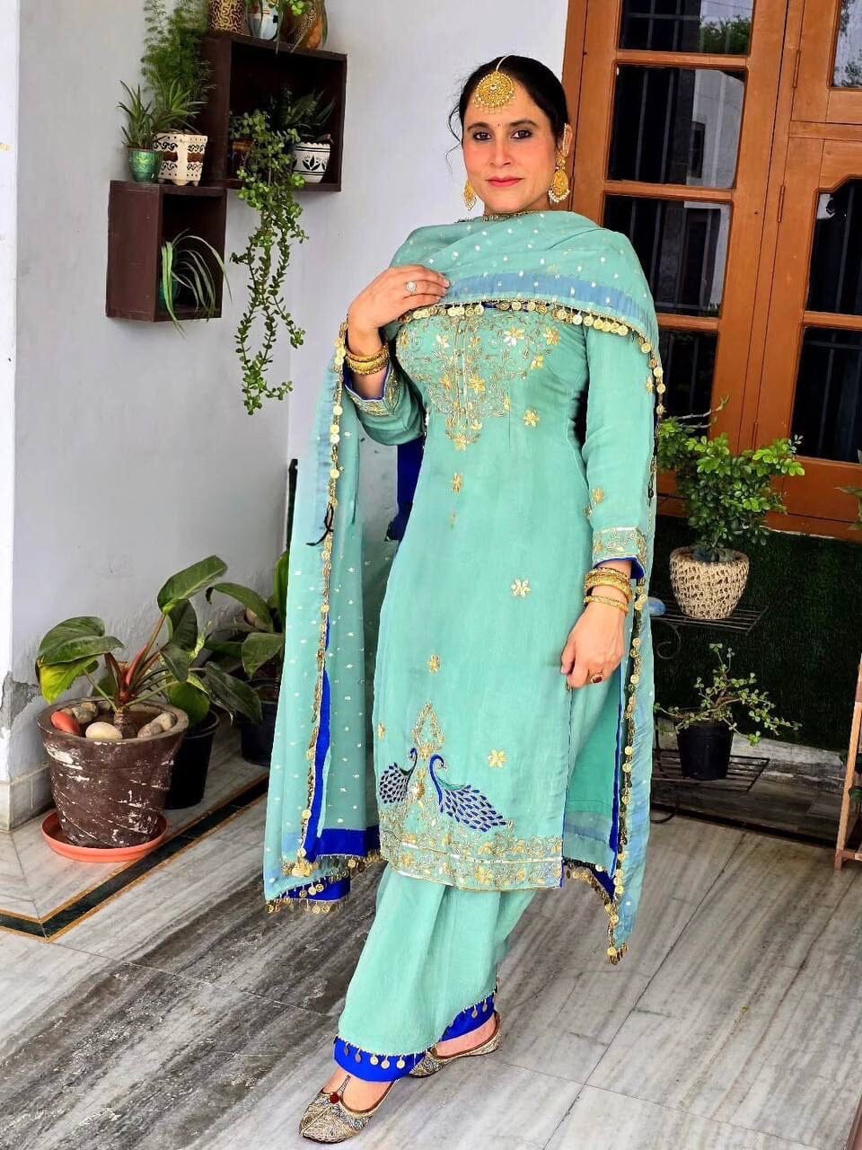Peacock Blue Faux Georgette Embroidery Work Plazzo suit Ready to Wear Designer Suits Shopin Di Apparels 
