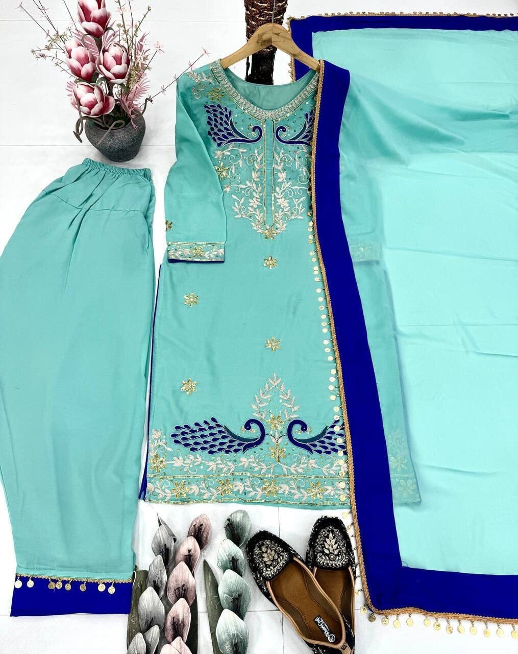 Peacock Blue Faux Georgette Embroidery Work Plazzo suit Ready to Wear Designer Suits Shopin Di Apparels 