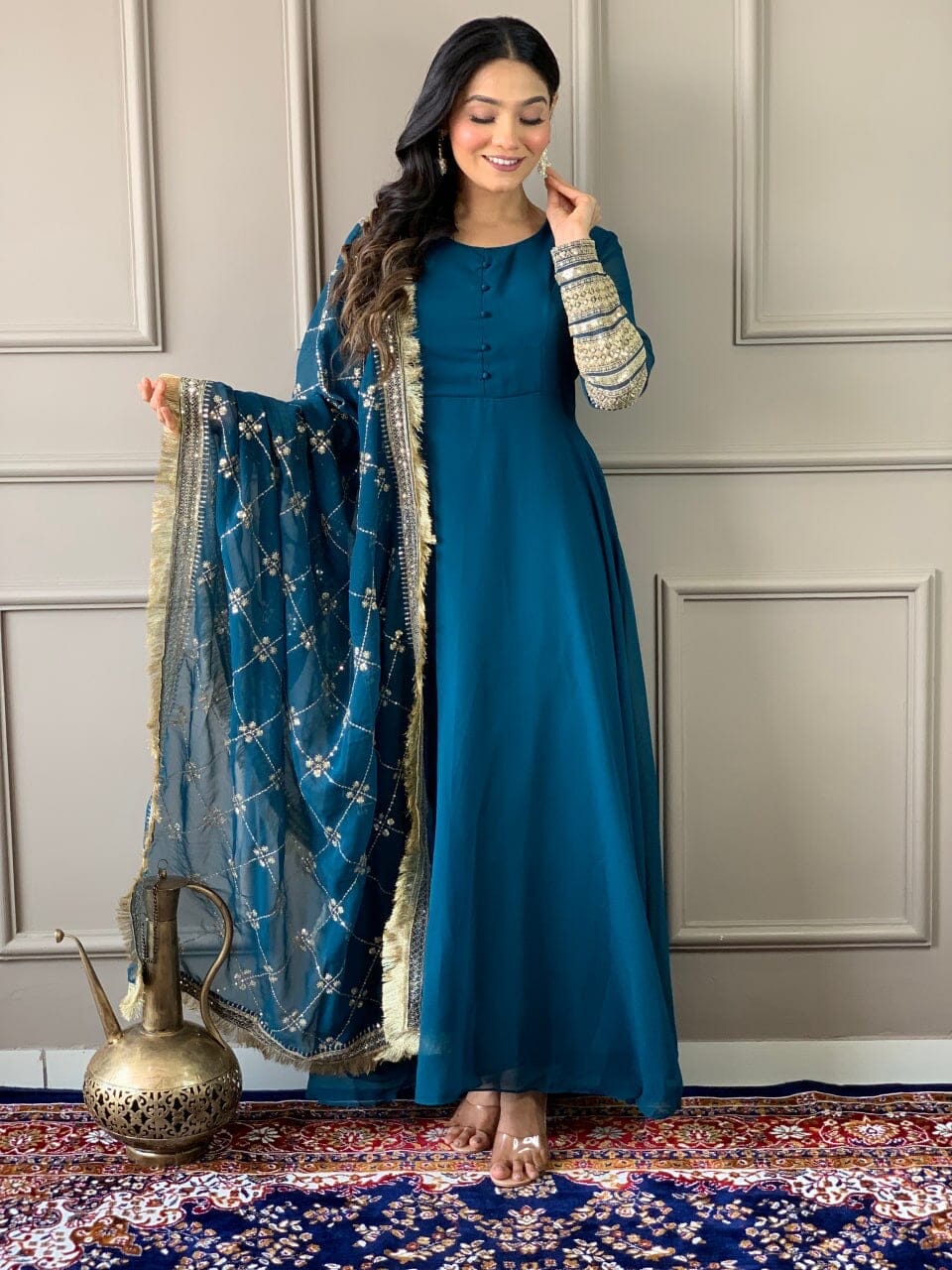 Peacock Blue Georgette Gown with Embroidered Dupatta and Silk Pant Ready Made Designer Suits Shopin Di Apparels 