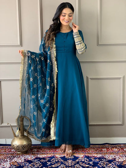Peacock Blue Georgette Gown with Embroidered Dupatta and Silk Pant Ready Made Designer Suits Shopin Di Apparels 