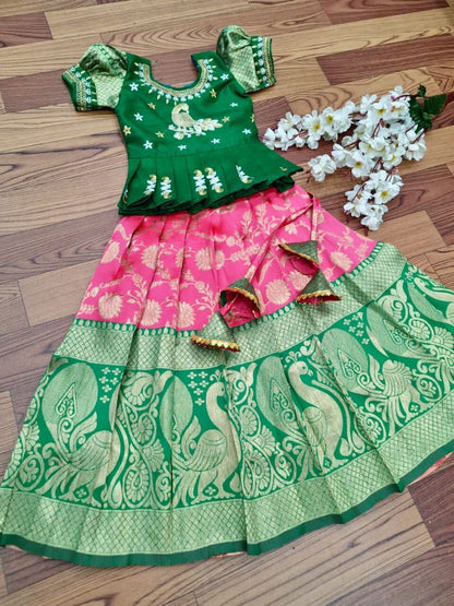 Pink and Green Lichi Silk Embroidered Kid’s Lehenga Festival Wear Pavadai Sattai Kid's Lehenga Shopindiapparels.com 