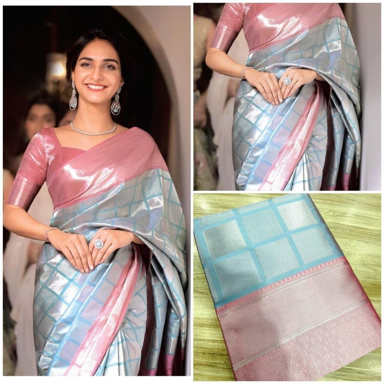 Pink Blue Soft Lichi Silk Saree Shopin Di Apparels 