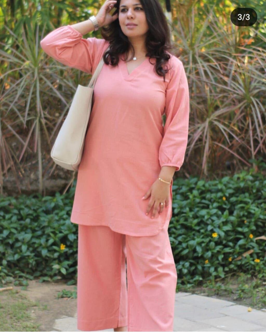 Pink Cotton Slub Monochrome Kurti with Palazzo Set Kurti with Pant Shopin Di Apparels 