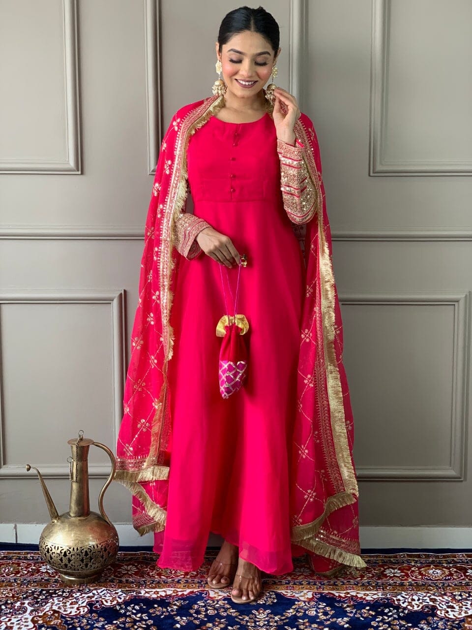 Pink Georgette Gown with Embroidered Dupatta and Silk Pant Ready Made Designer Suits Shopin Di Apparels 
