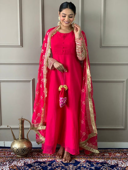 Pink Georgette Gown with Embroidered Dupatta and Silk Pant Ready Made Designer Suits Shopin Di Apparels 