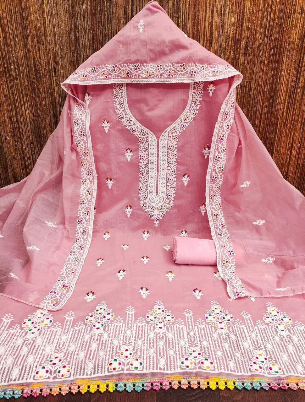 Pink Heavy Chanderi Neck Embroidery Dress Material Dress Material Shopin Di Apparels 