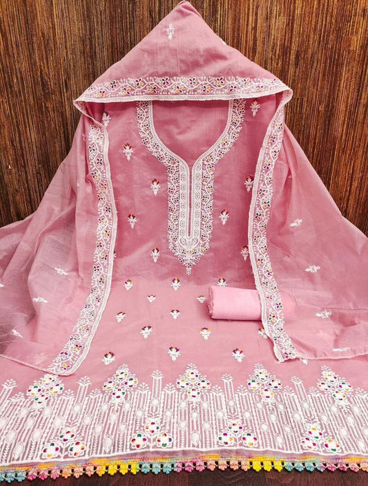 Pink Heavy Chanderi Neck Embroidery Dress Material Dress Material Shopin Di Apparels 