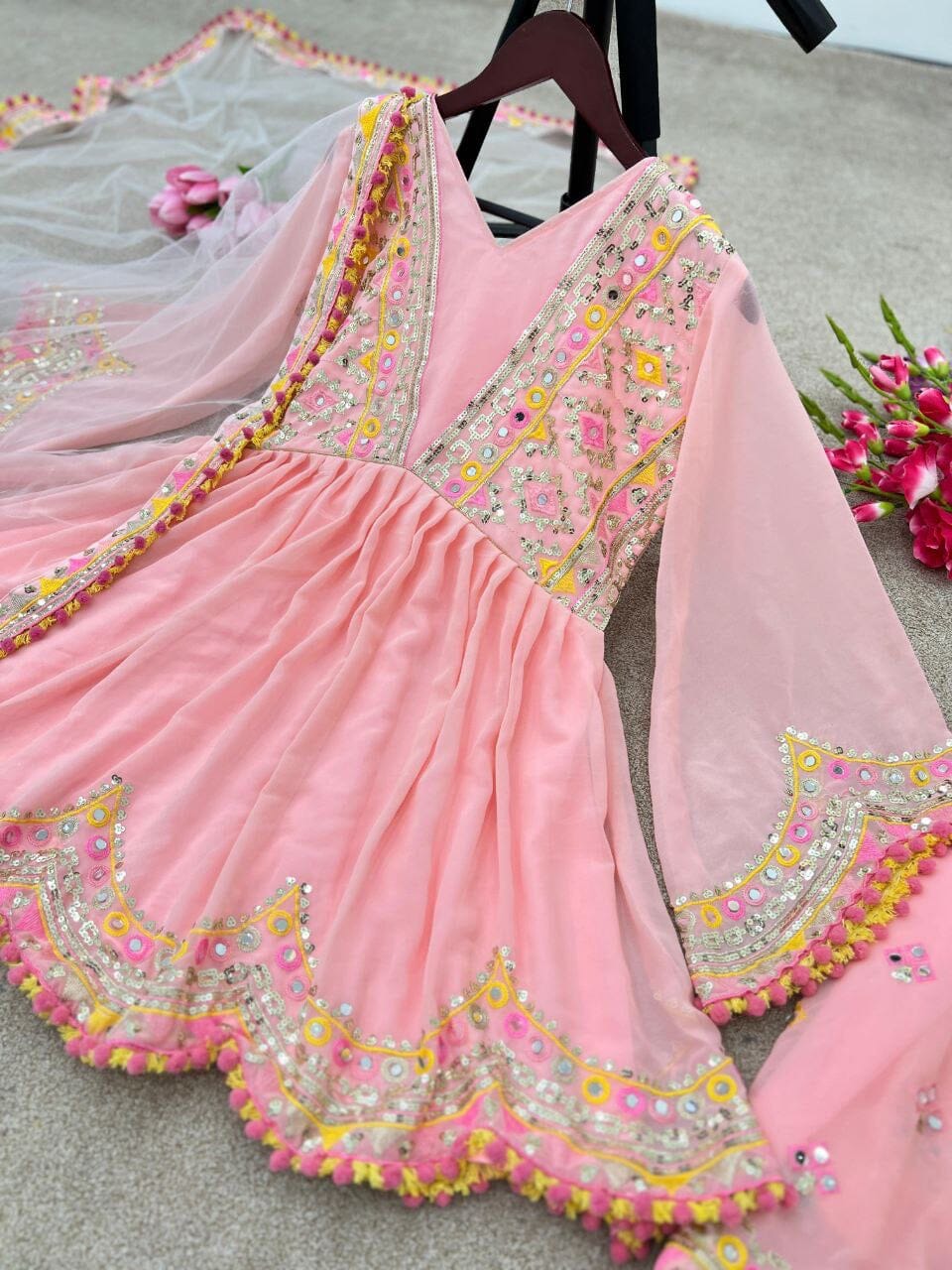 Pink Heavy Faux Georgette Fancy Wear Plazzo Suit Ready Made Designer Suits Shopindiapparels.com 