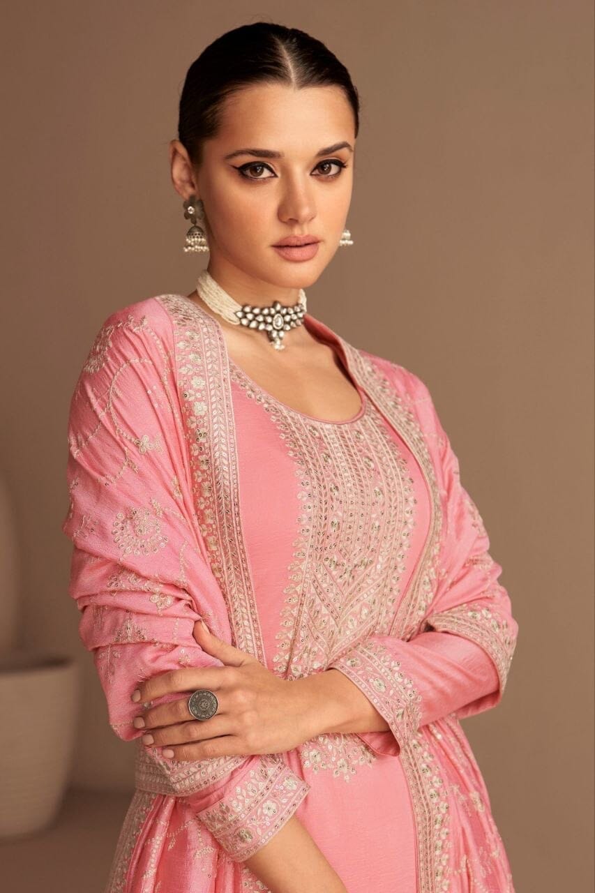 Pink Heavy Vichitra Silk Sequence Straight Cut Designer Suit (Copy) Designer Suit Shopin Di Apparels 