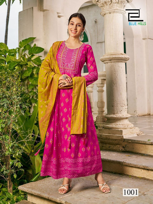 Pink Long Gown with Dupatta concept & Multi Color Combination Print and Embroidery Work Gown with Dupatta Shopin Di Apparels