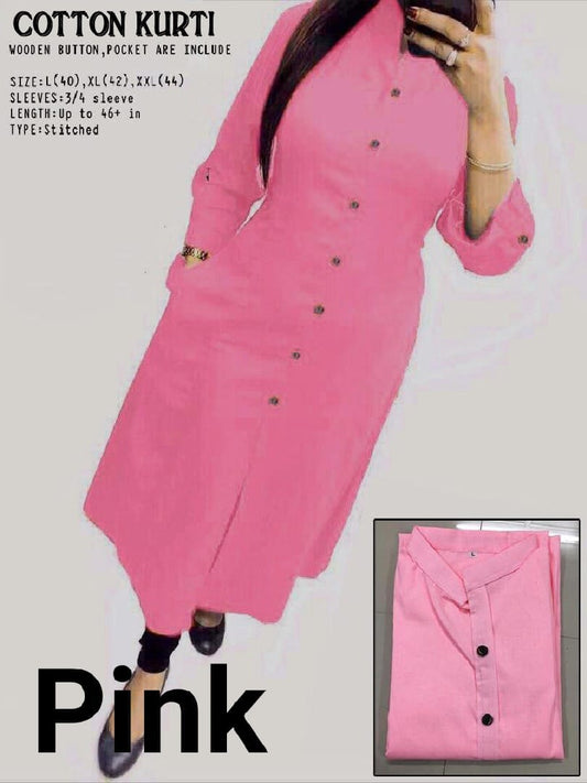 Pink Plain Collar Cotton Kurti with Button and Pockets Kurti Shopin Di Apparels