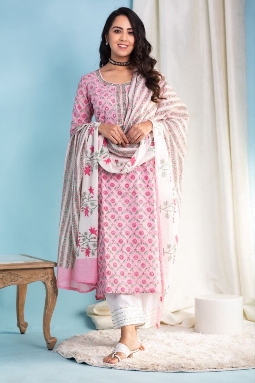 Pink Printed Cotton Designer Kurti with Dupatta and Bottom Kurti with Dupatta and Bottom Shopin Di Apparels 