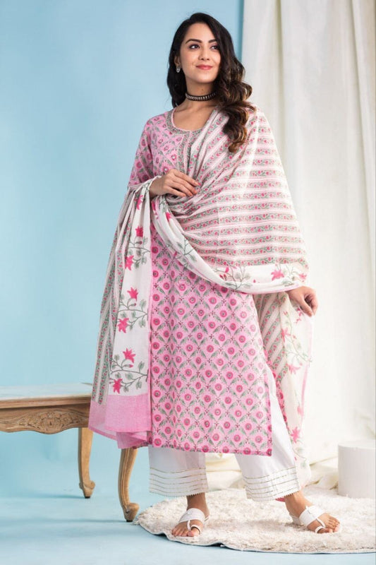 Pink Printed Cotton Designer Kurti with Dupatta and Bottom Kurti with Dupatta and Bottom Shopin Di Apparels 