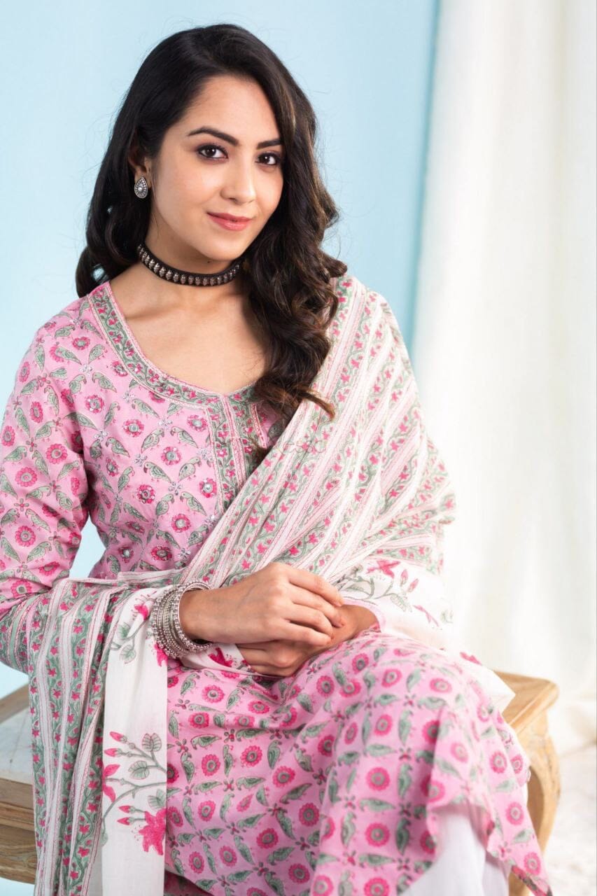 Pink Printed Cotton Designer Kurti with Dupatta and Bottom Kurti with Dupatta and Bottom Shopin Di Apparels 