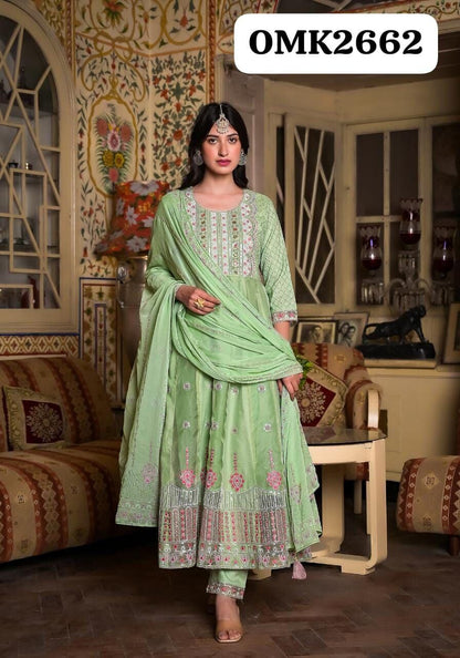 Pista Green Sciffli Embroidery Anarkali Designer Readymade Suit Ready Made Designer Suits Shopin Di Apparels 