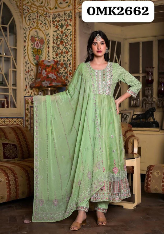 Pista Green Sciffli Embroidery Anarkali Designer Readymade Suit Ready Made Designer Suits Shopin Di Apparels 
