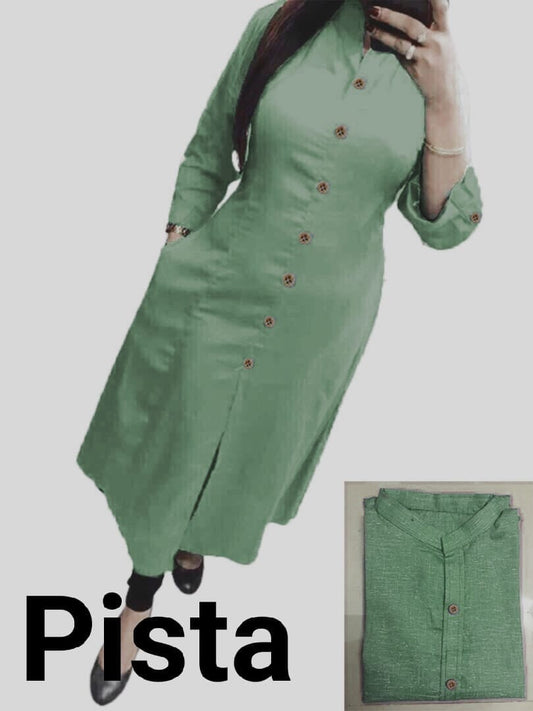 Pista Plain Collar Cotton Kurti with Button and Pockets Kurti Shopin Di Apparels