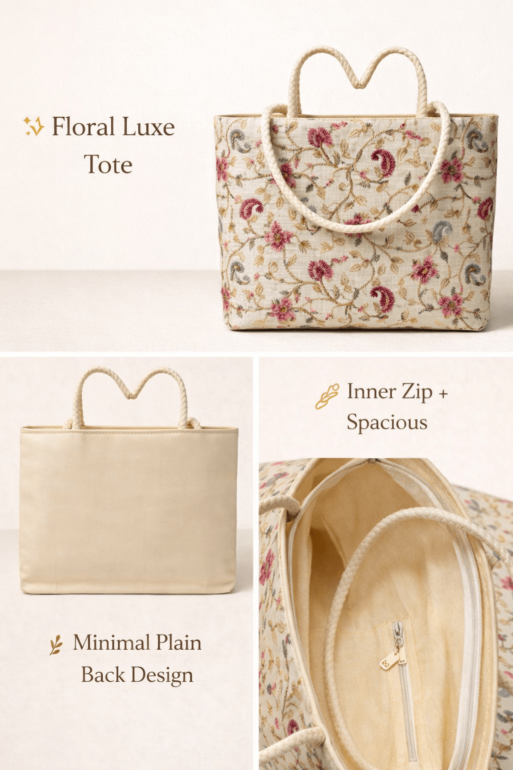 🌸 Premium Floral luxe Embroidered Tote Bag 🌸 Shopin Di Apparels 