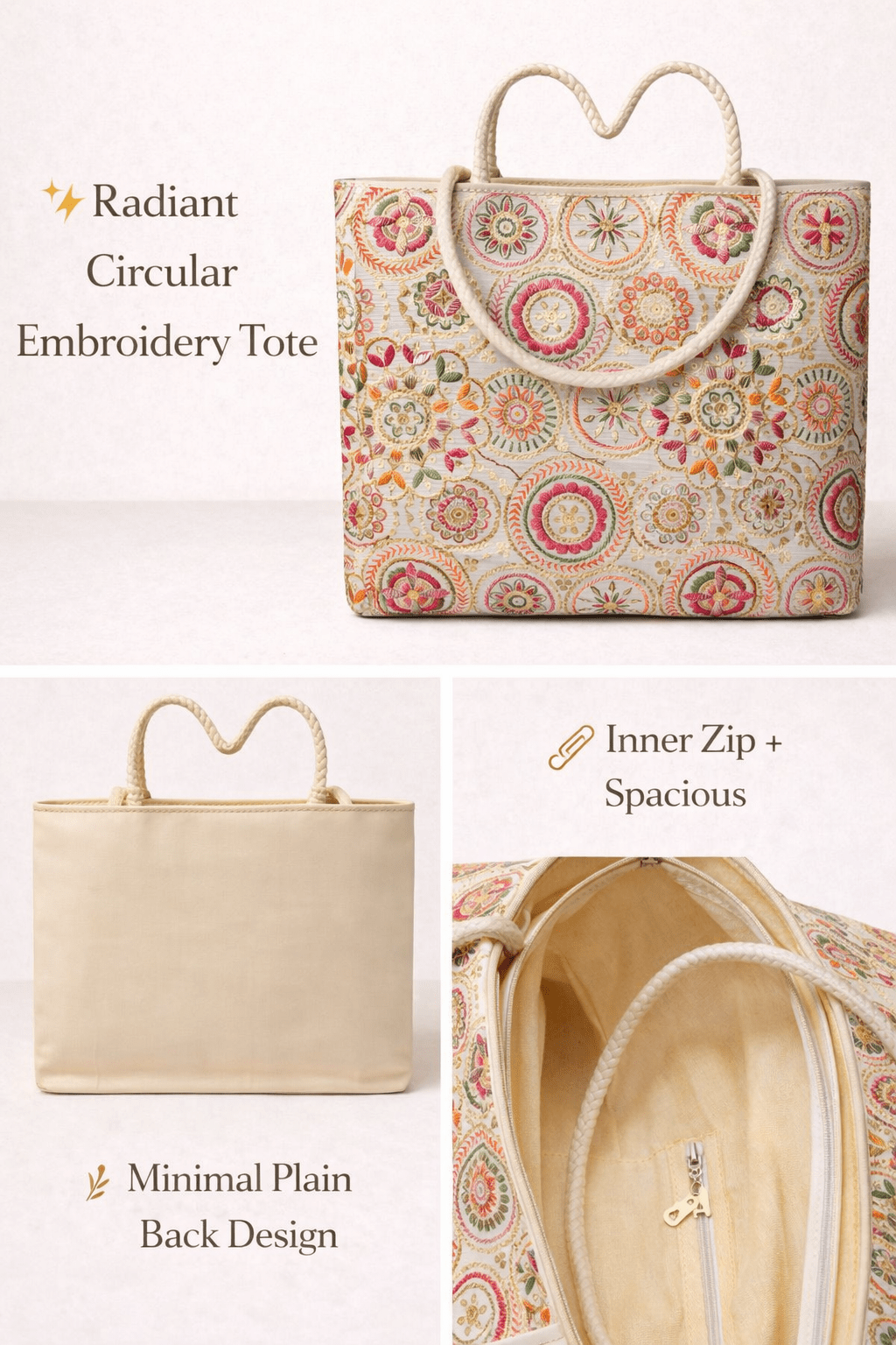 🌸 Premium Radiant Circular Embroidered Tote Bag 🌸 Shopin Di Apparels 