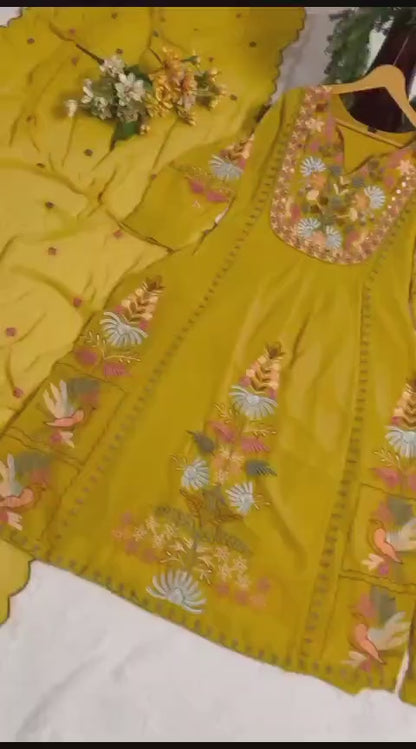 Mustard Yellow Fox Georgette Mirror Work Anarkali Gown with Moti Work Dupatta and Micro Silk Palazzo Pant