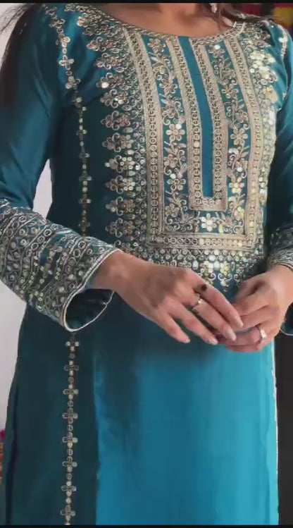 SRK 5151 Blue Pure Chinnon Silk Sequence work Straight Cut Readymade Suit