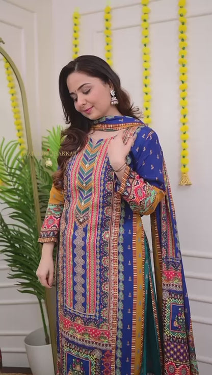Multicoloured print with Embroidered Kurti with Dupatta and Pant Set