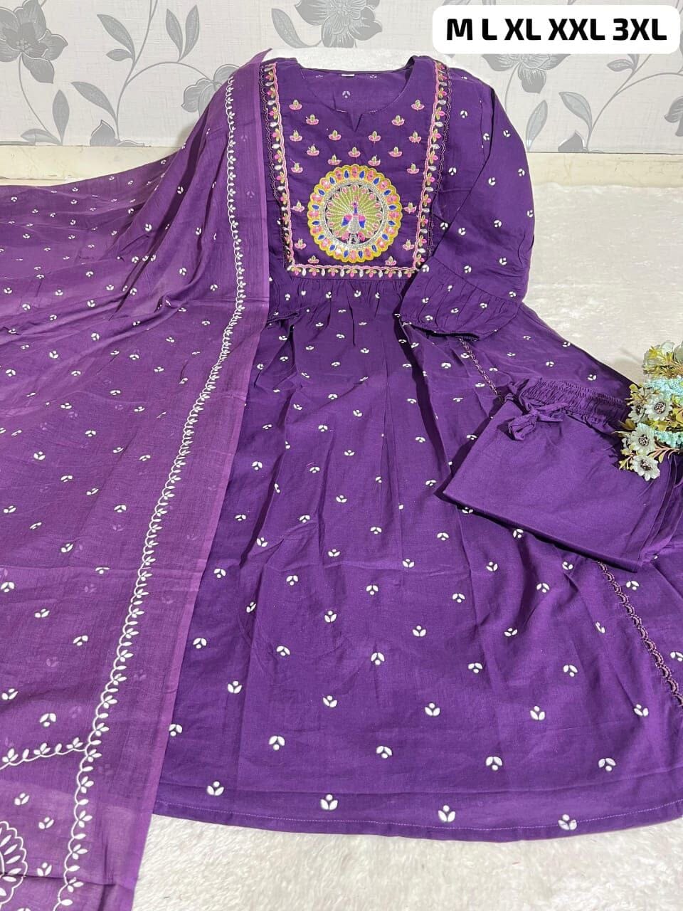 Purple Anarkali Cotton Kurti with Dupatta and Pant Kurti with Dupatta and Bottom Shopin Di Apparels 