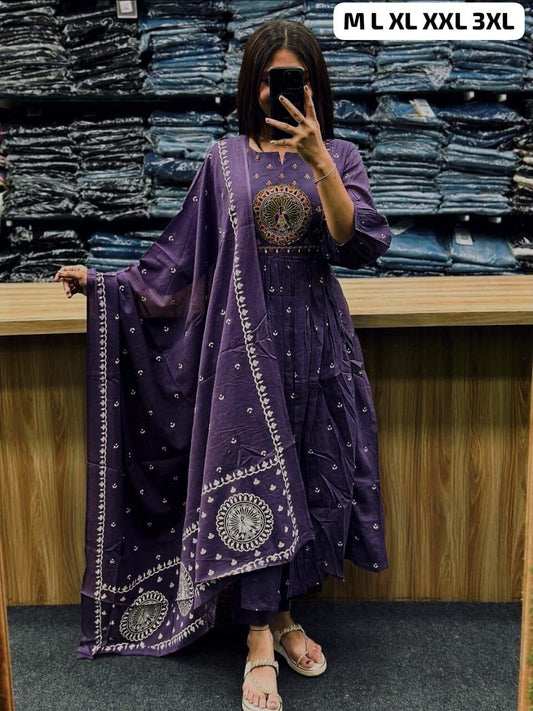 Purple Anarkali Cotton Kurti with Dupatta and Pant Kurti with Dupatta and Bottom Shopin Di Apparels 