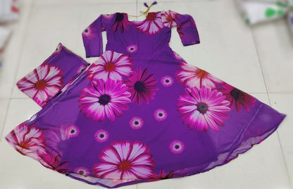 Purple Big Flower Floral Printed Georgette Gown with Dupatta Gown with Dupatta Shopin Di Apparels 