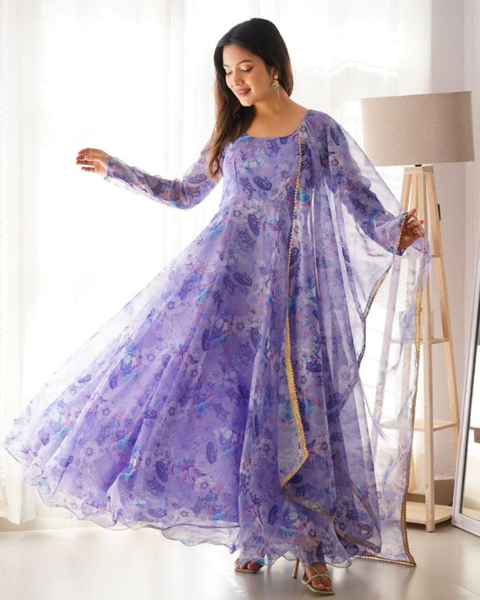 Purple Georgette Gown with Floral Digital Printed Dupatta Gown with Dupatta Shopindiapparels.com 