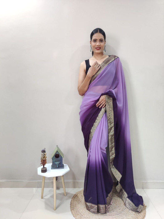 Purple Georgette Multicolor Ready to Wear Saree and Banglori Blouse Ready to Wear Saree Shopin Di Apparels 