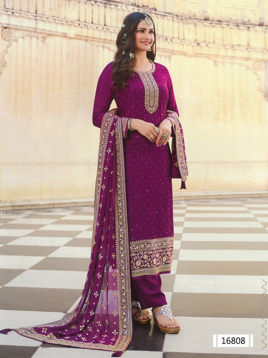 Purple Heavy Dola Silk Designer Salwar Kameez Straight Cut Suit Designer Suits Vinay 